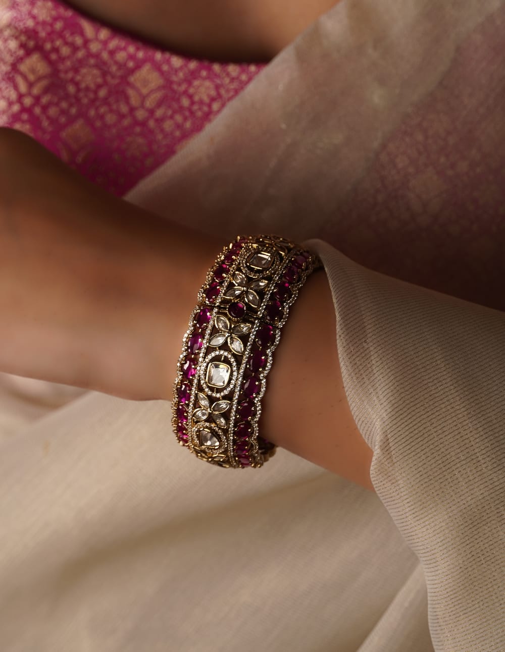 Ruby & Diamond Gold‑tone Bangle
